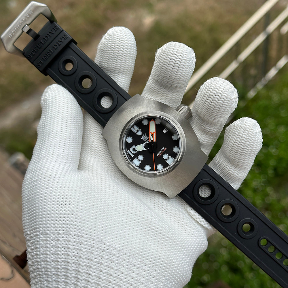 Steeldive SD1920 1000m dive watch wrist shot on black perforated rubber strap with steel buckle