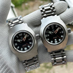 Steeldive SD1920 dial variant comparison, bar index FK model beside dot index SZ model on tank bracelets