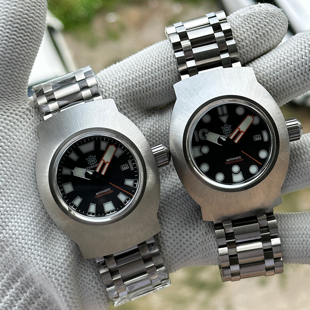 Steeldive SD1920 dial variant comparison, bar index FK model beside dot index SZ model on tank bracelets