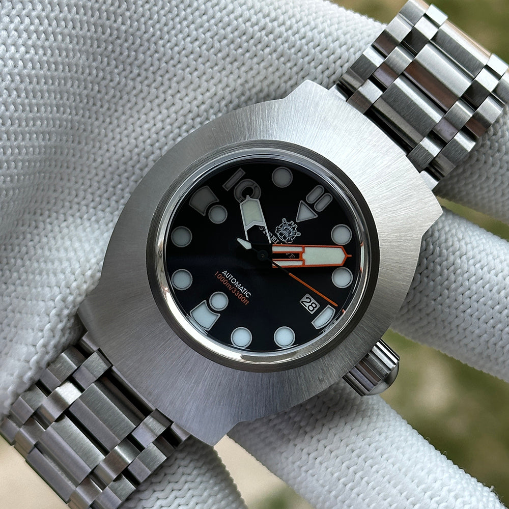 Steeldive SD1920 dive watch with replacement sapphire glass installed, black dial front view