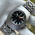 Steeldive SD1920 dive watch with replacement sapphire glass installed, black dial front view