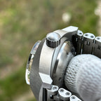 Steeldive SD1920 signed screw-down crown and crown guards macro shot on brushed steel case