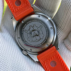 Steeldive SD1929 caseback engraved with diver helmet emblem, 300M sapphire crystal NH35 automatic markings