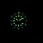 STEELDIVE SD1929V lume shot with hands, markers and bezel glowing green in the dark