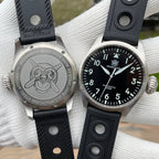Steeldive SD1930 pilot watch shown front-and-back with engraved NH35 200M diver caseback, rubber strap