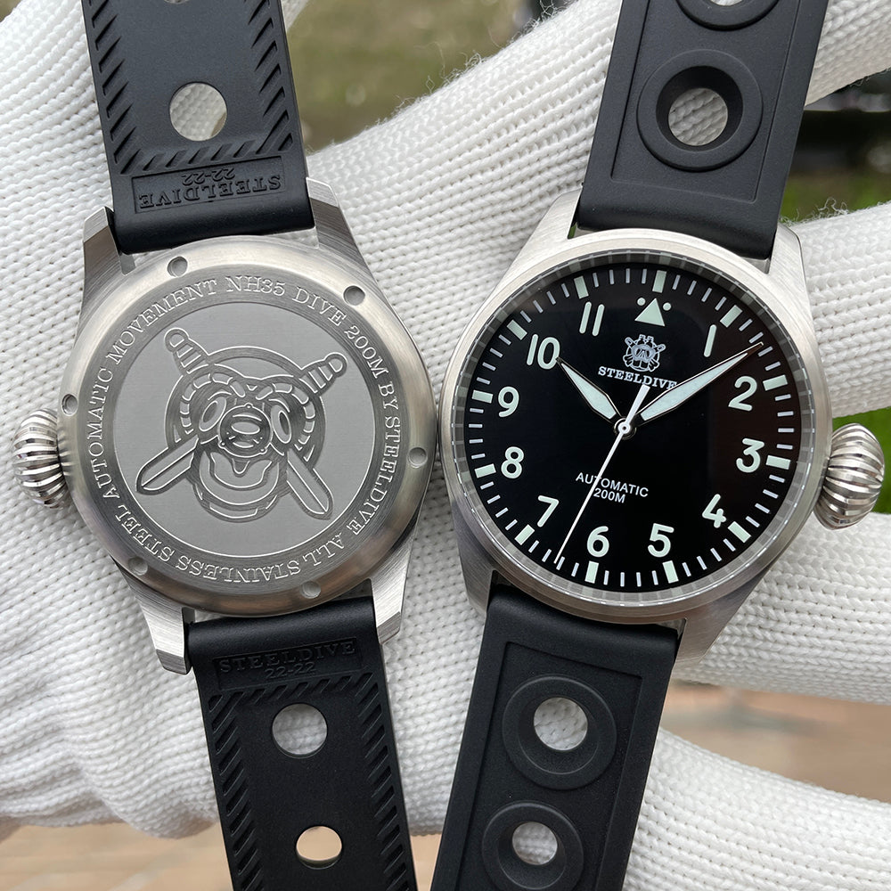 Steeldive SD1930 pilot watch shown front-and-back with engraved NH35 200M diver caseback, rubber strap