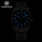 Steeldive SD1933 dive watch low-light lume shot showing blue glowing indices and hands