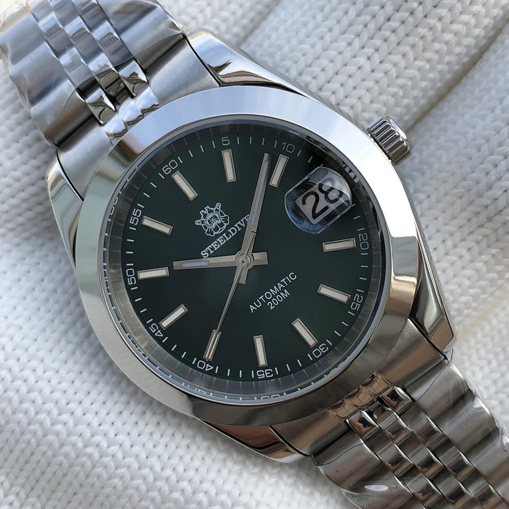 Steeldive SD1934 dive watch with black dial and jubilee bracelet tilted three-quarter view