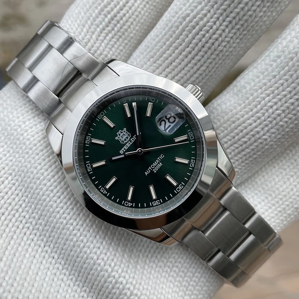 Steeldive SD1934 dive watch with black dial and jubilee bracelet on white wrist roll