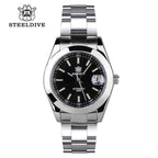 Steeldive SD1934 dive watch with black dial and oyster steel bracelet, front studio view