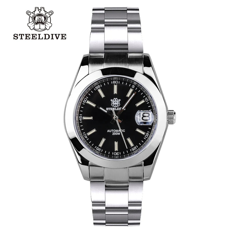 Steeldive SD1934 dive watch with black dial and oyster steel bracelet, front studio view