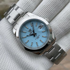 Steeldive SD1934 dive watch with blue dial and jubilee bracelet on white wrist roll