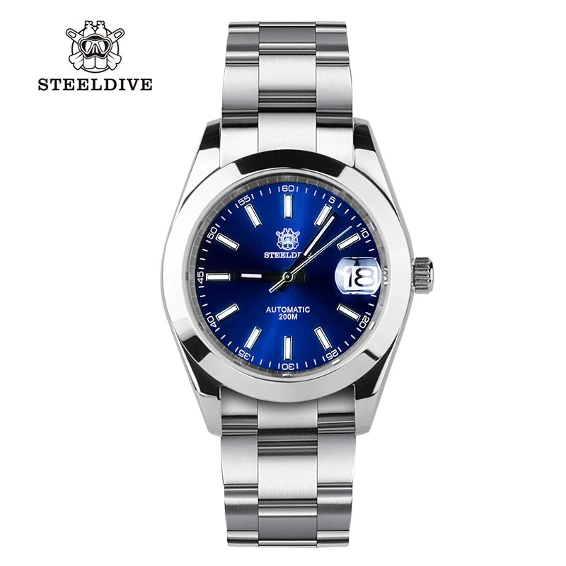 Steeldive SD1934 dive watch with blue dial and oyster steel bracelet, front studio view