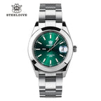 Steeldive SD1934 dive watch with green dial and oyster steel bracelet, front studio view