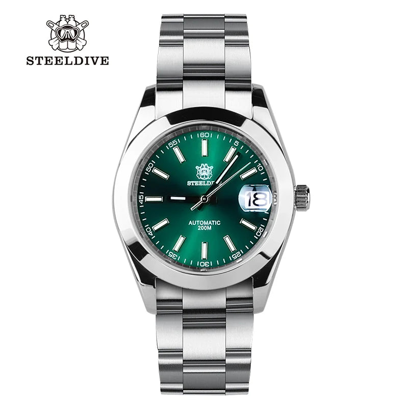 Steeldive SD1934 dive watch with green dial and oyster steel bracelet, front studio view