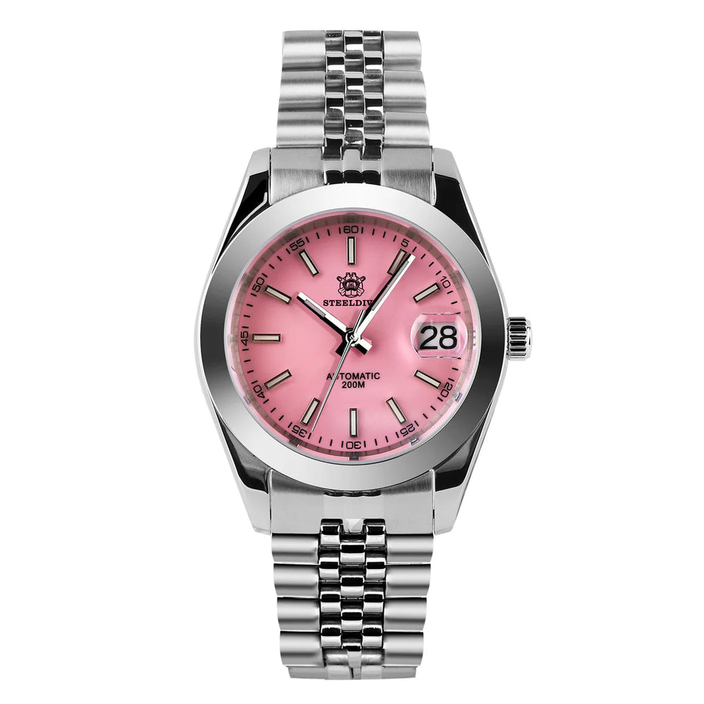 Steeldive SD1934 dive watch with pink dial and jubilee bracelet, front studio view