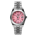 Steeldive SD1934 dive watch with pink dial and jubilee bracelet, front studio view