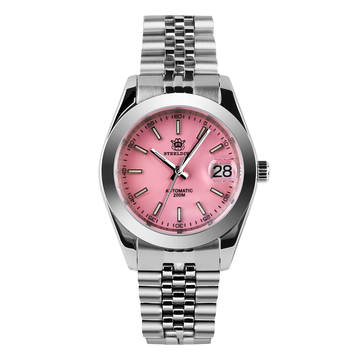 Steeldive SD1934 dive watch with pink dial and jubilee bracelet, front studio view