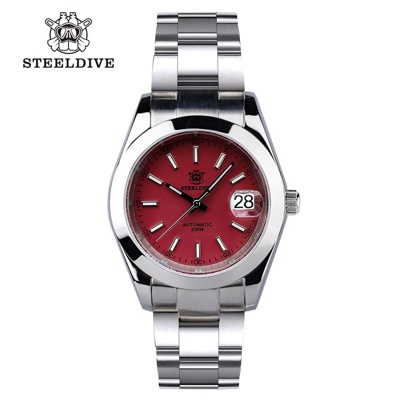 Steeldive SD1934 dive watch with red dial and jubilee bracelet, front studio view with brand logo
