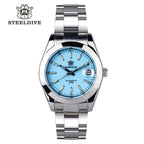 Steeldive SD1934 dive watch with turquoise dial and oyster steel bracelet, front studio view