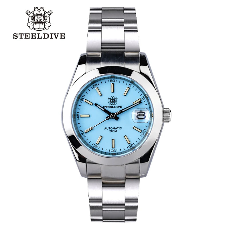 Steeldive SD1934 dive watch with turquoise dial and oyster steel bracelet, front studio view
