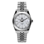 Steeldive SD1934 dive watch with white dial and jubilee bracelet, front studio view