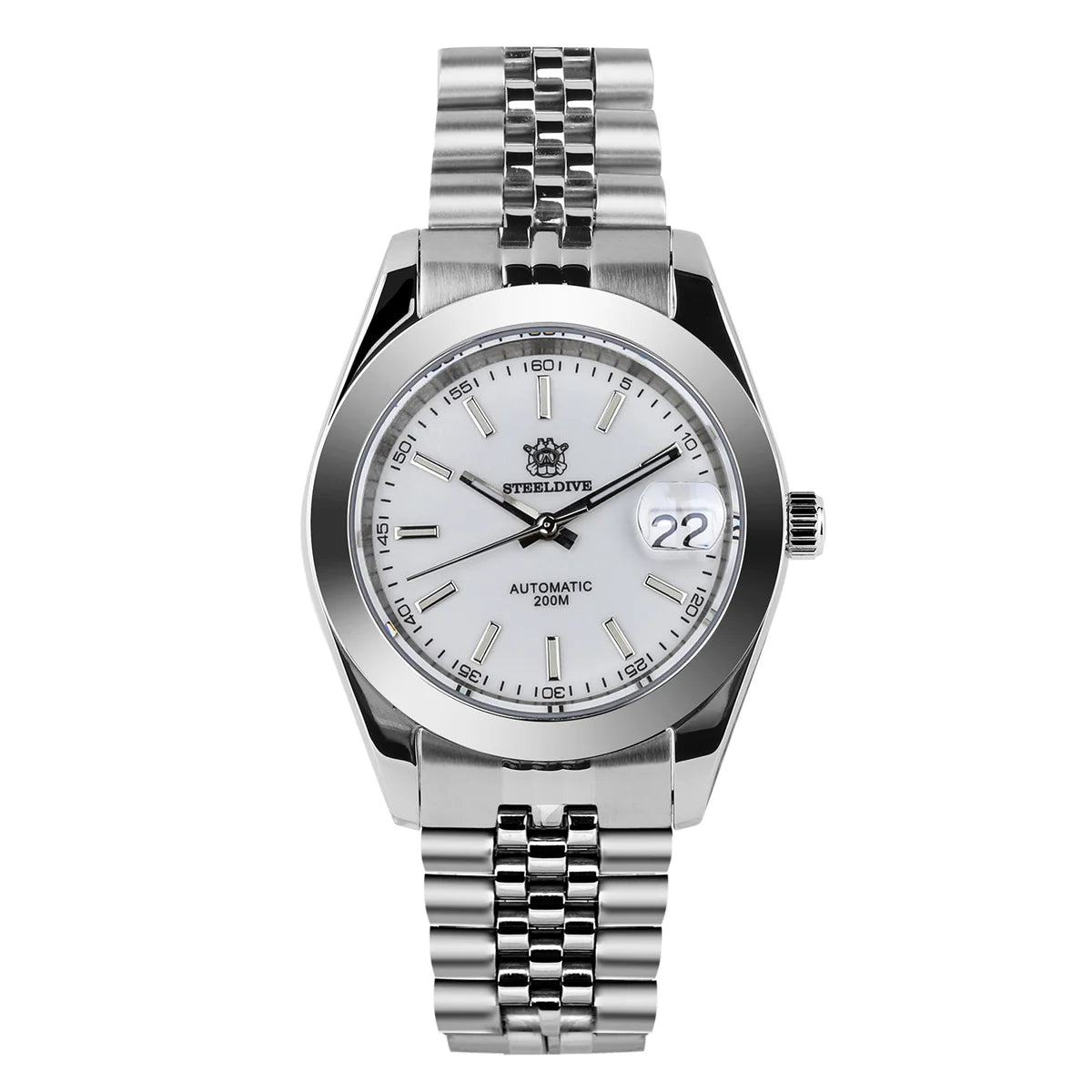 Steeldive SD1934 dive watch with white dial and jubilee bracelet, front studio view