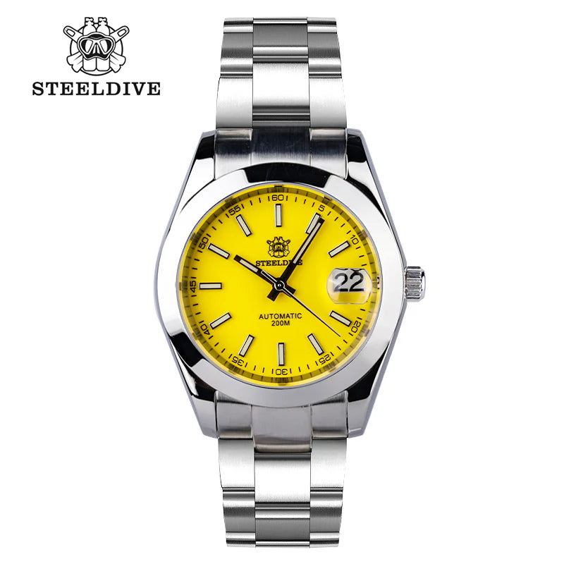 Steeldive SD1934 dive watch with yellow dial and oyster steel bracelet, front studio view