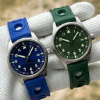 Steeldive SD1940 no-logo pilot watch blue and green dial colorways shown side by side on rubber straps