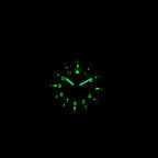 Steeldive SD1940 no-logo pilot watch lume shot showing green-glowing numerals and hands in darkness