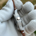 Steeldive SD1940 no-logo pilot watch side profile showing brushed case flank and signed crown