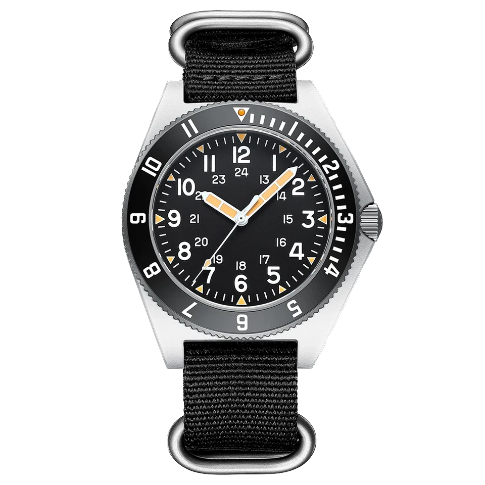 Steeldive SD1944 automatic men's diver watch with black dial, orange and white accents, black nylon strap with stainless steel loops, displayed on a transparent background.