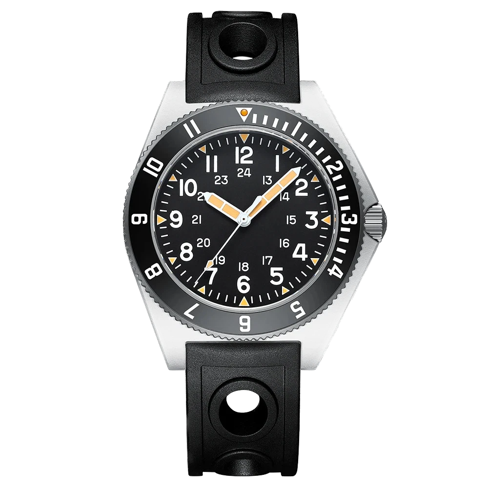 Steeldive SD1944 automatic men's diver watch with black dial, orange and white accents, 24-hour markers, vintage bezel, and black strap, displayed on transparent background.