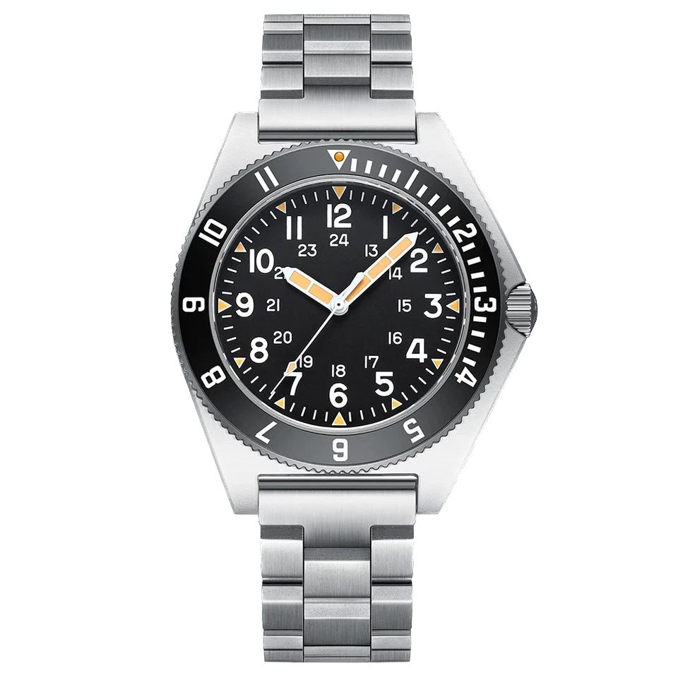 Steeldive SD1944 automatic men's diver watch with black dial, orange and white accents, stainless steel bracelet, and background removed.