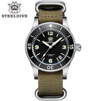 Steeldive SD1952 black dial dive watch with date on khaki NATO strap, brand logo studio detail