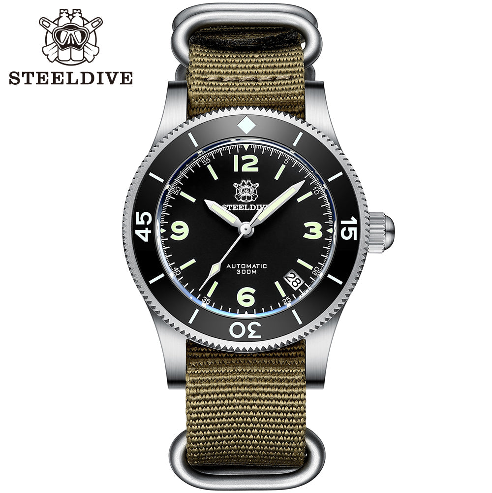 Steeldive SD1952 black dial dive watch with date on khaki NATO strap, brand logo studio detail