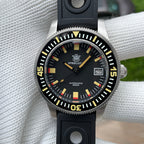 Steeldive SD1952T 300M dial macro detailing yellow lume indices, red accents and applied Steeldive crest