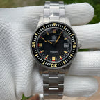 Steeldive SD1952T 300m automatic on wrist with steel bracelet, vintage cream lume dial