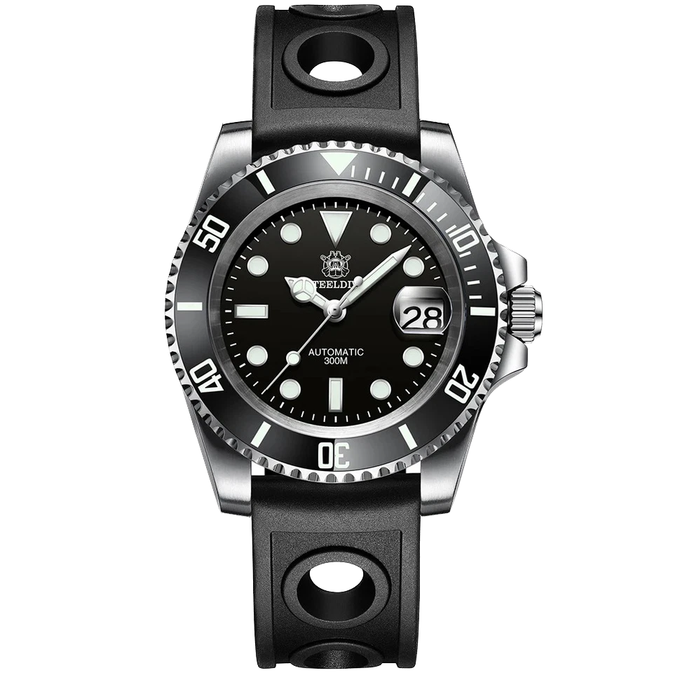 Steeldive SD1953 automatic diver watch with black dial, black bezel and black rubber strap, luminous markers and bezel, silver stainless steel case, background removed.