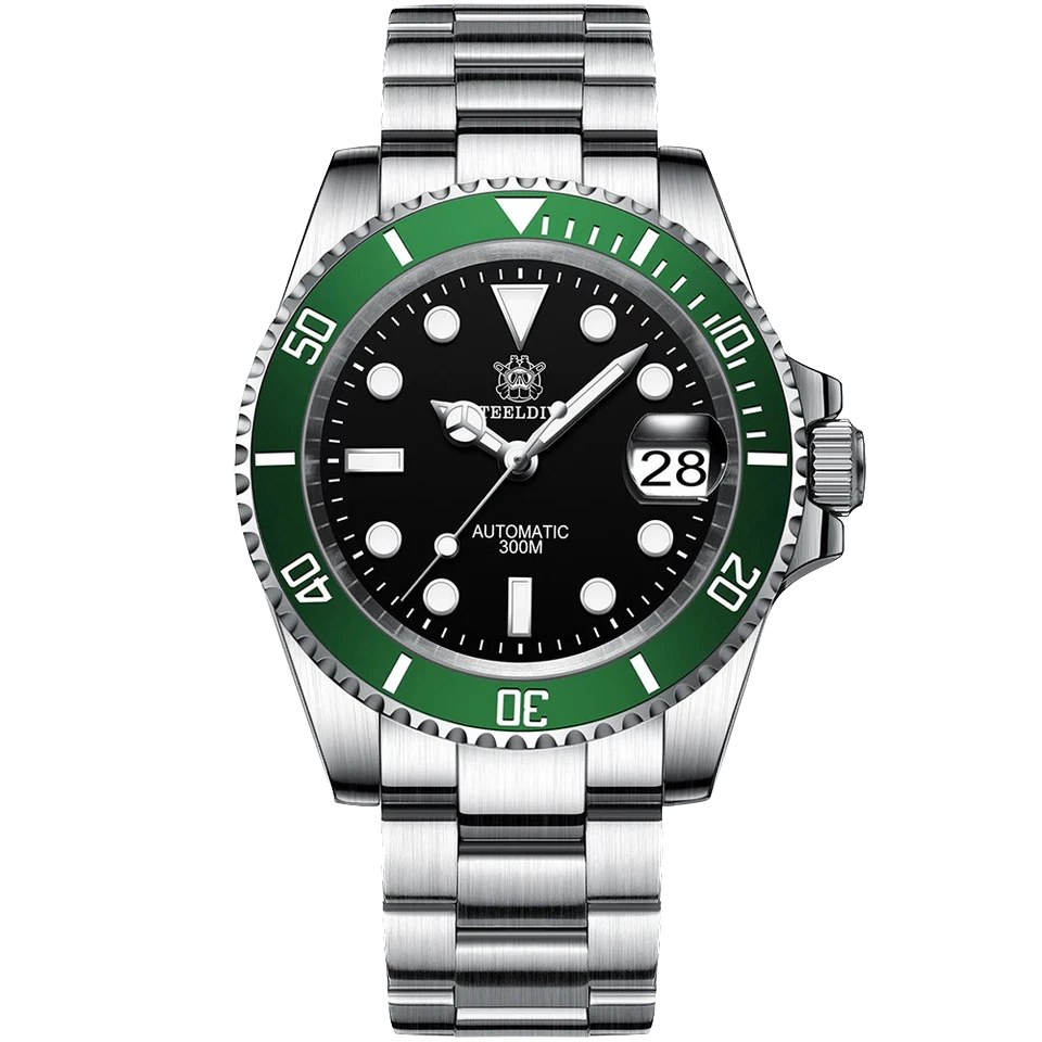 Steeldive SD1953 automatic diver watch with black dial, green bezel, luminous markers and bezel, silver stainless steel case and bracelet, background removed.