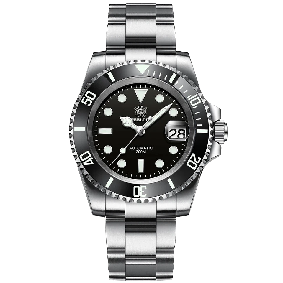 Steeldive SD1953 automatic diver watch with black dial, luminous markers, and silver stainless steel bracelet, background removed.