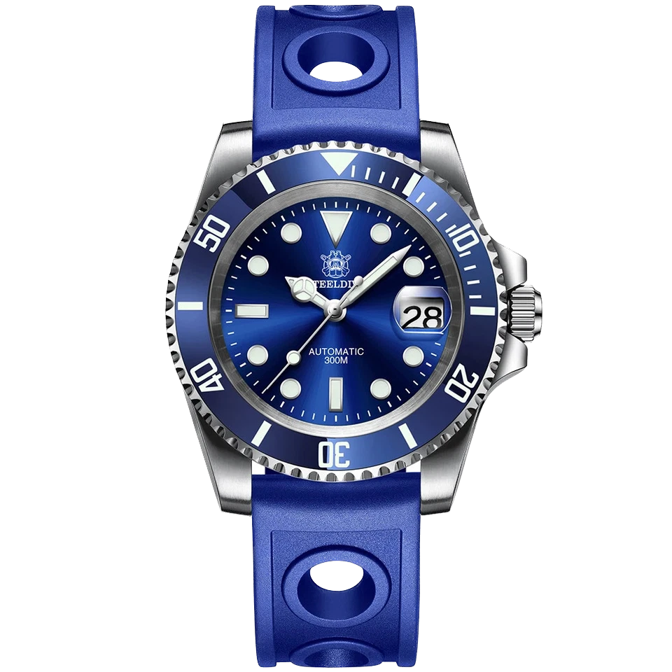 Front view close-up of Steeldive SD1953 automatic diver watch with blue dial, blue rubber strap, luminous markers and bezel, date window at 3 o'clock, silver stainless steel case, background removed.
