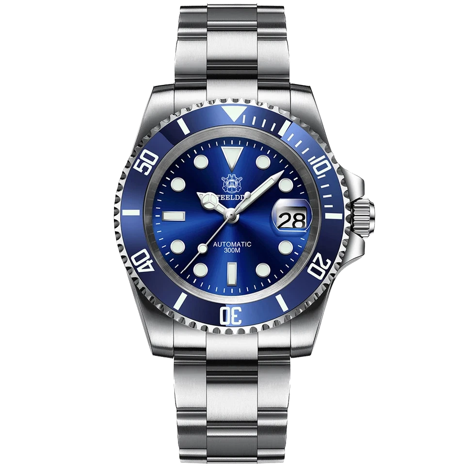 Steeldive SD1953 automatic diver watch with blue dial, silver stainless steel bracelet, luminous markers and bezel, background removed.