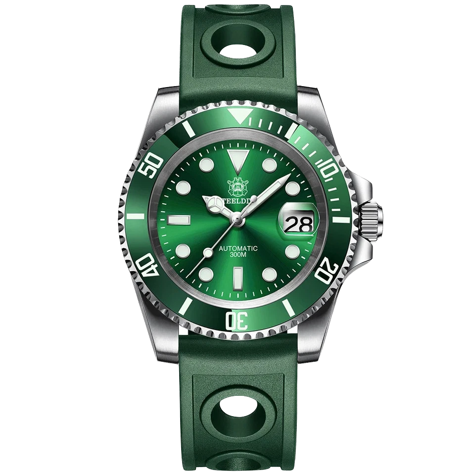 Steeldive SD1953 automatic diver watch with green dial and green rubber strap, luminous markers and bezel, silver stainless steel case, background removed.