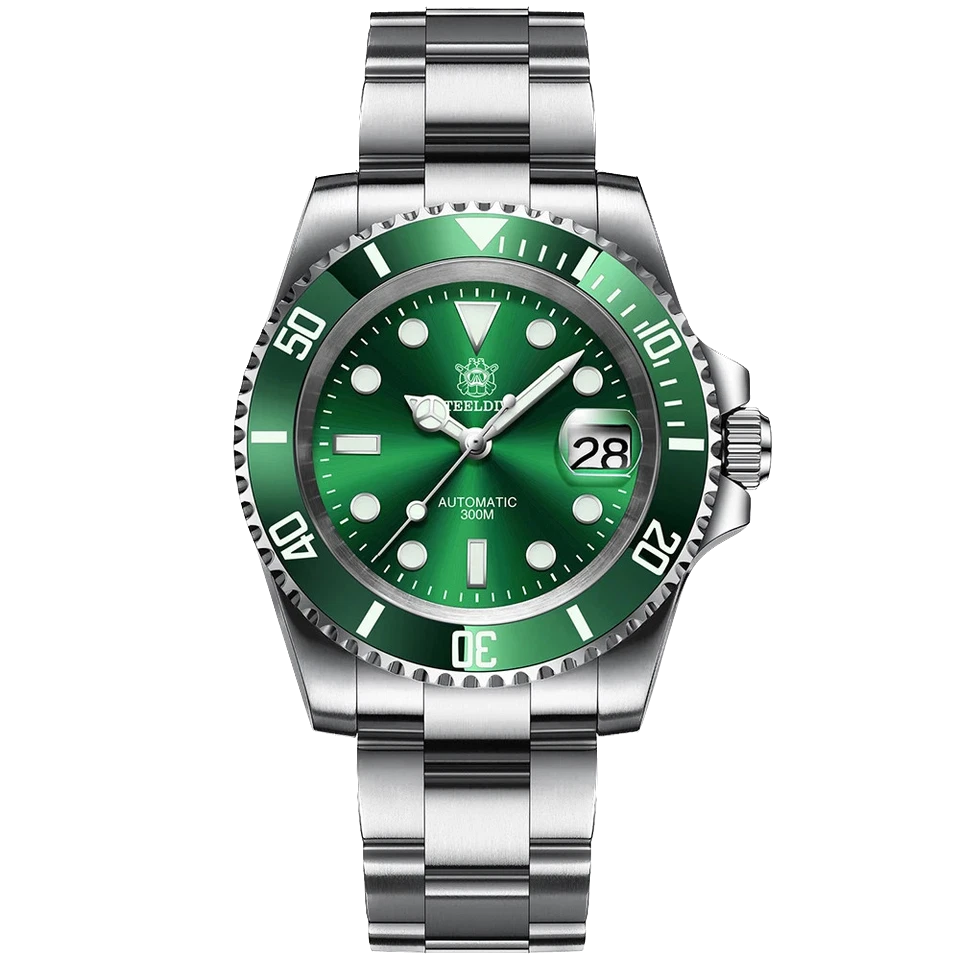 Steeldive SD1953 automatic diver watch with green dial, silver stainless steel case and bracelet, luminous markers and bezel, background removed.