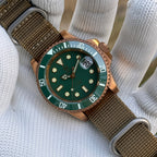 Steeldive SD1953S green dial dive watch with green ceramic bezel paired to khaki nylon NATO strap