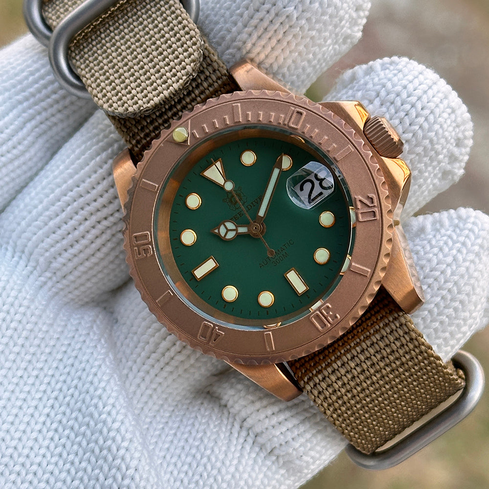 Steeldive SD1953S bronze dive watch with green dial, green ceramic bezel and khaki nylon strap lifestyle shot