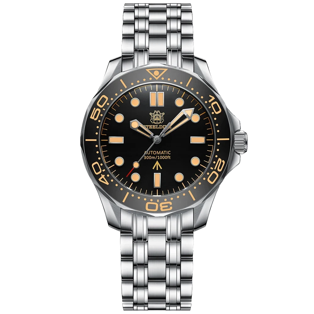 Steeldive SD1957 automatic diver watch with black dial, vintage bezel with gold markings, silver stainless steel case and bracelet, NH35 movement and 200m water resistance.