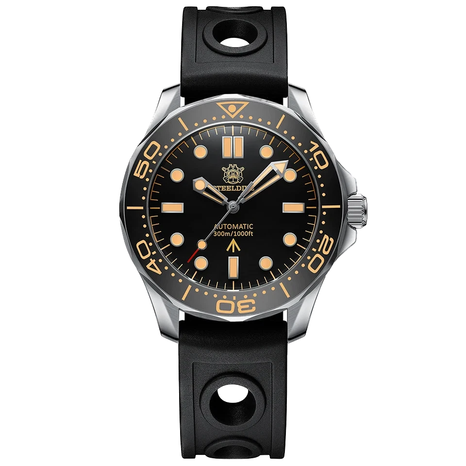 Steeldive SD1957 automatic diver watch with black dial, vintage bezel with gold accents, black rubber strap, silver stainless steel case, NH35 movement and 200m water resistance.