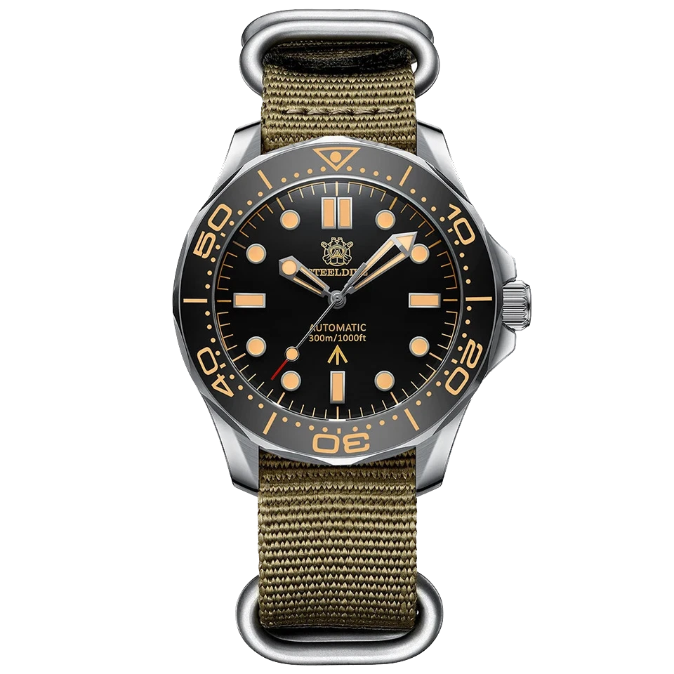 Steeldive SD1957 automatic diver watch with black dial, vintage bezel with gold accents, khaki green nylon strap, silver stainless steel case, NH35 movement and 200m water resistance.